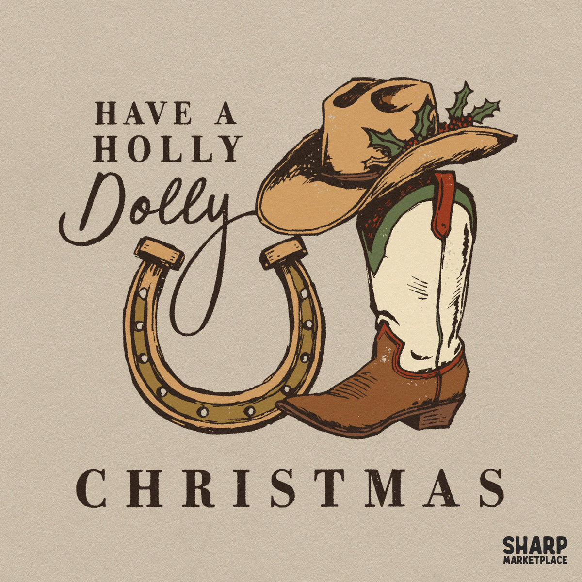Retro Holly Dolly western Christmas PNG design with cowboy hat and boots for country holiday shirt printing