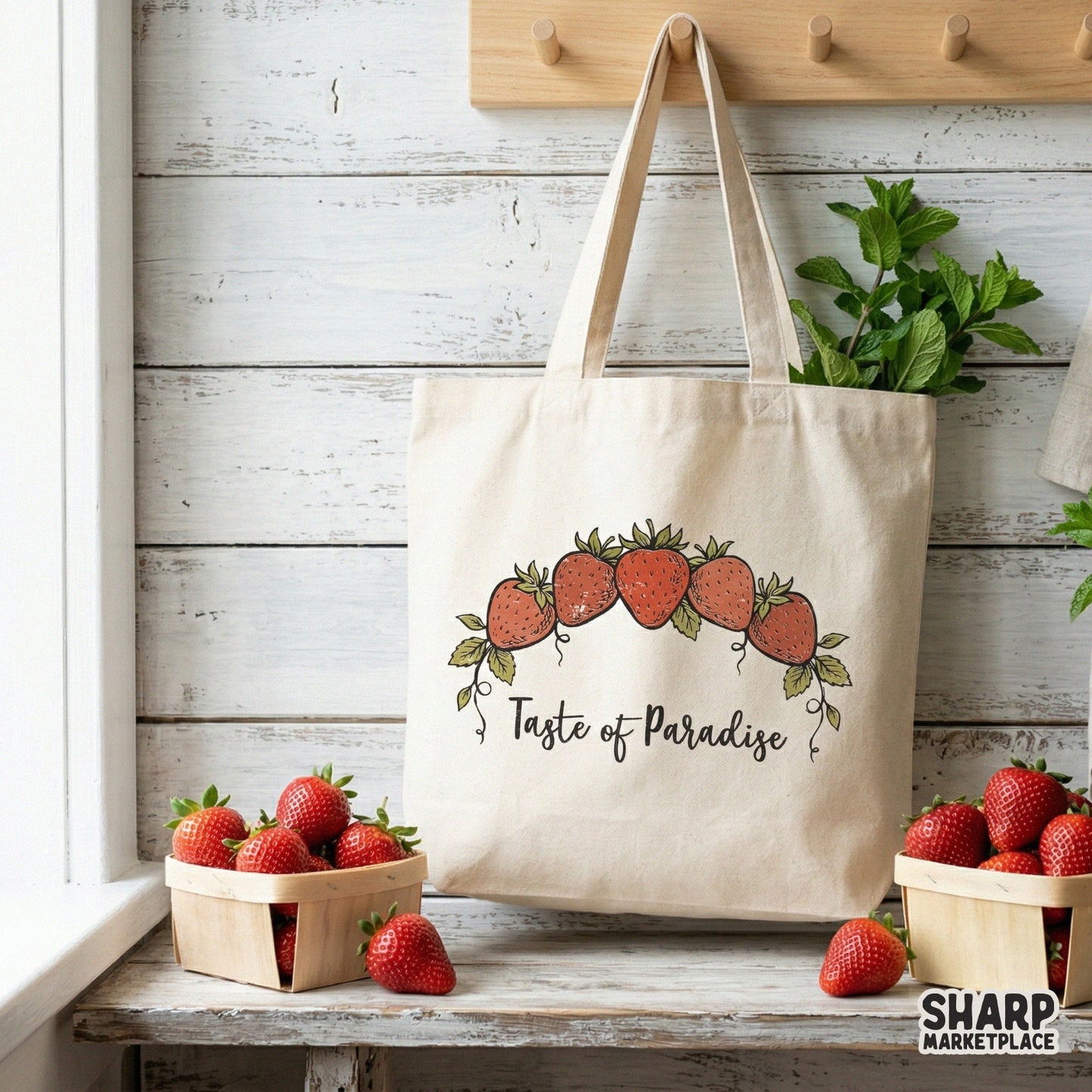 Detailed digital illustration of five strawberries arranged in an arc with leafy vines and the phrase Taste of Paradise for DIY home decor projects.