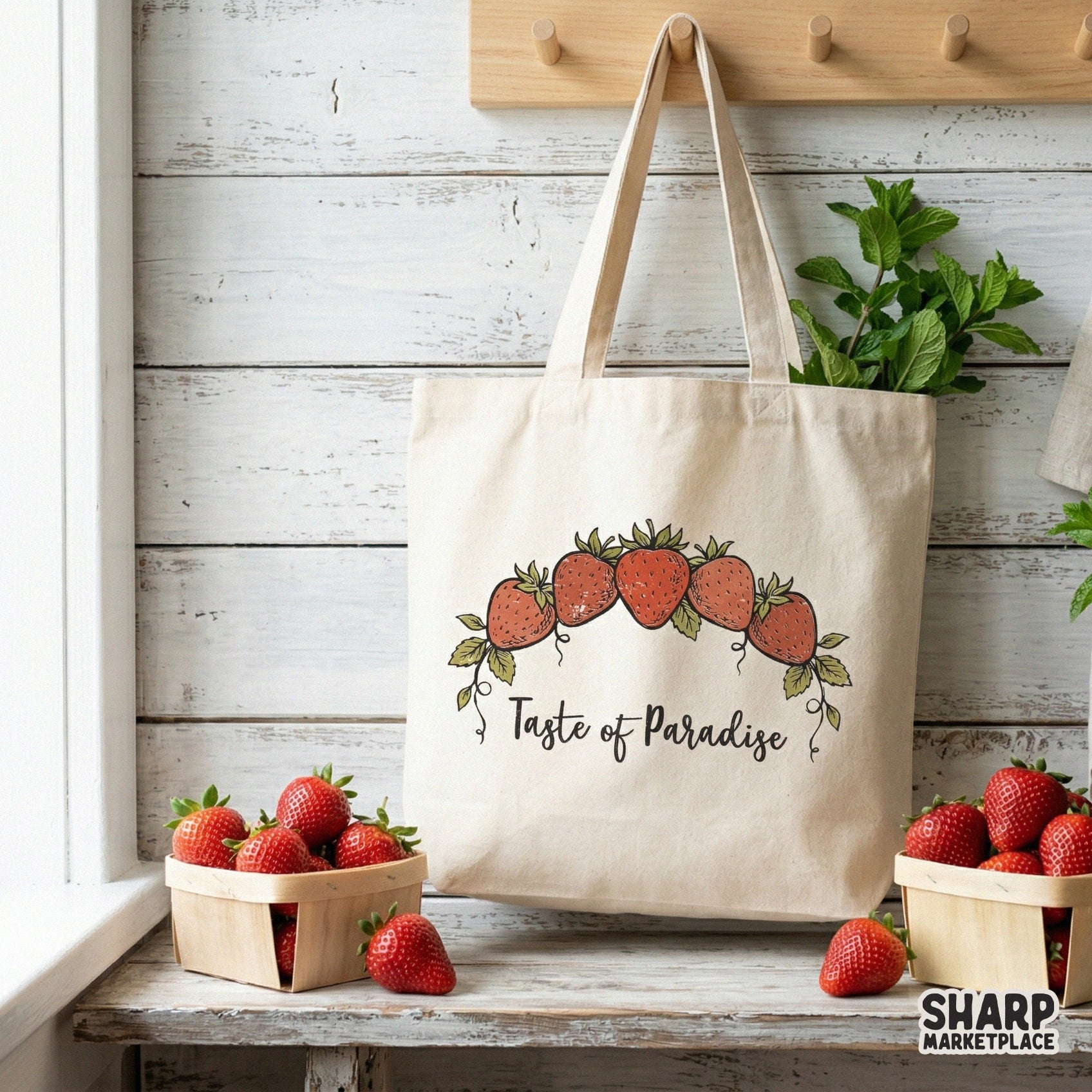 Detailed digital illustration of five strawberries arranged in an arc with leafy vines and the phrase Taste of Paradise for DIY home decor projects.