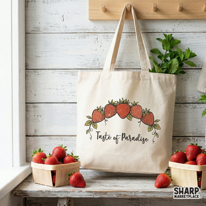 Detailed digital illustration of five strawberries arranged in an arc with leafy vines and the phrase Taste of Paradise for DIY home decor projects.