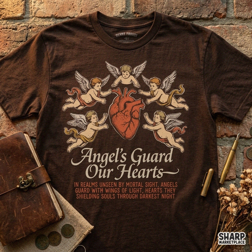 Retro guardian angel heart graphic for Christian faith t-shirts and Valentine PNG digital downloads