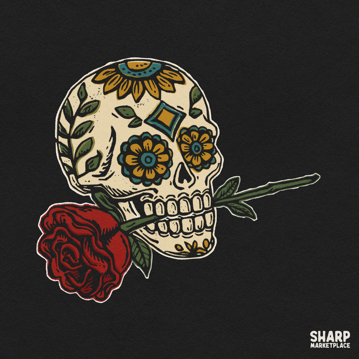 Colorful calavera skull with a red rose Halloween PNG sublimation design for t-shirts and tumblers