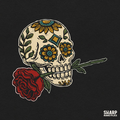 Colorful calavera skull with a red rose Halloween PNG sublimation design for t-shirts and tumblers