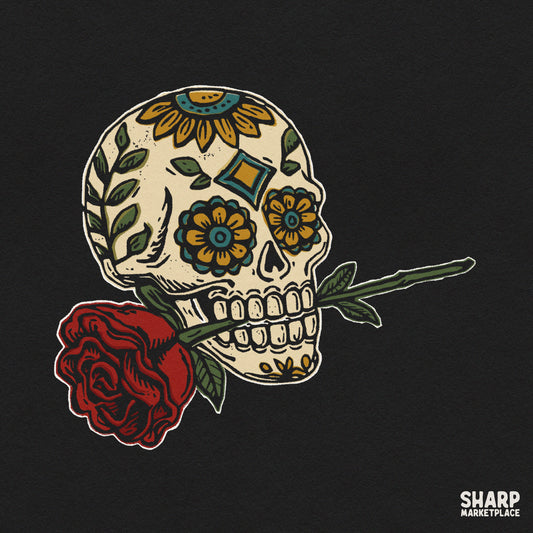 Colorful calavera skull with a red rose Halloween PNG sublimation design for t-shirts and tumblers