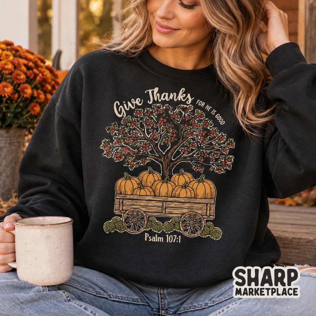 Give Thanks Psalm 107 Bible verse fall pumpkin graphic PNG for Christian shirt designs and autumn apparel