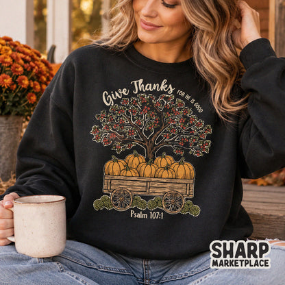 Give Thanks Psalm 107 Bible verse fall pumpkin graphic PNG for Christian shirt designs and autumn apparel