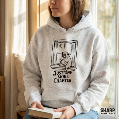 Digital design featuring a hand-drawn pug reading a book by a moonlit window, perfect for bookish apparel, stickers, or sublimation projects.