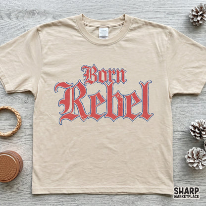 Vintage western style Born Rebel graphic with ornate red and blue blackletter typography, ideal for creating edgy t-shirts and outlaw-themed gear.
