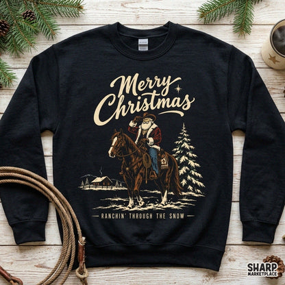 Vintage western cowboy Santa riding a horse in the snow for retro Christmas apparel and decor PNG