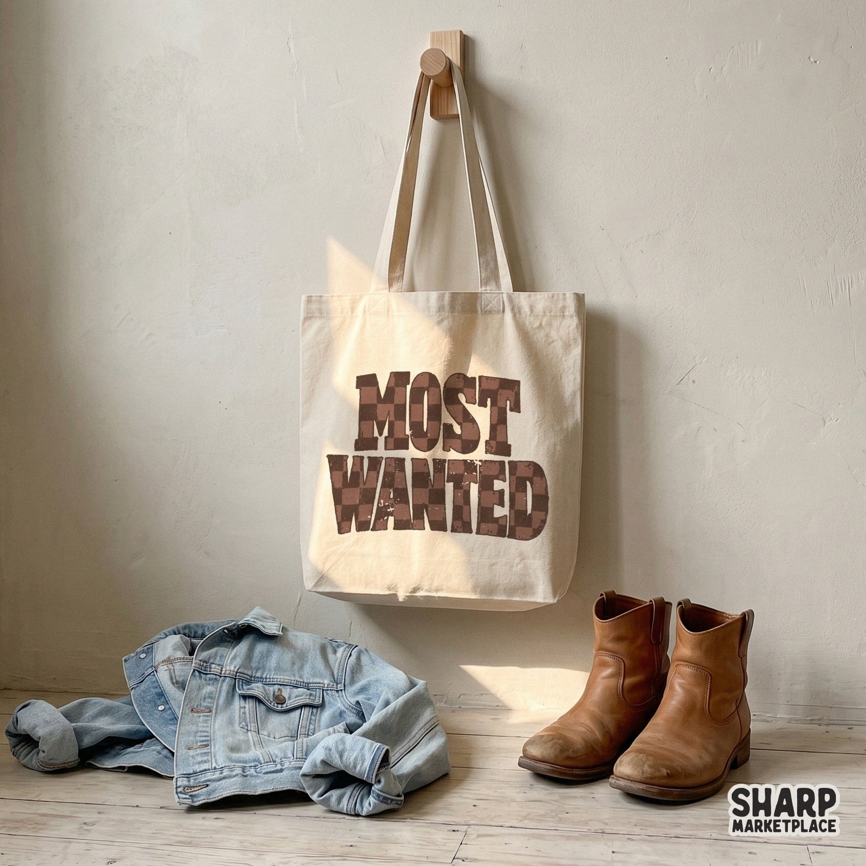 Most Wanted western typography printed on a canvas tote bag, featuring a rustic checkered pattern and worn aesthetic for cowgirl style.