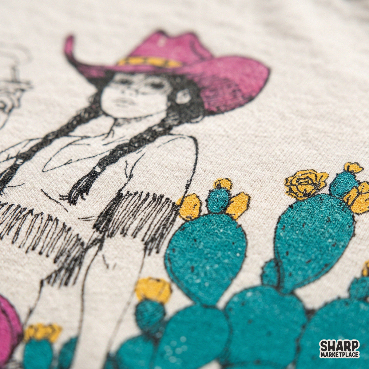 Relaxed Desert Cowgirl By Prickly Pear Cactus, Retro