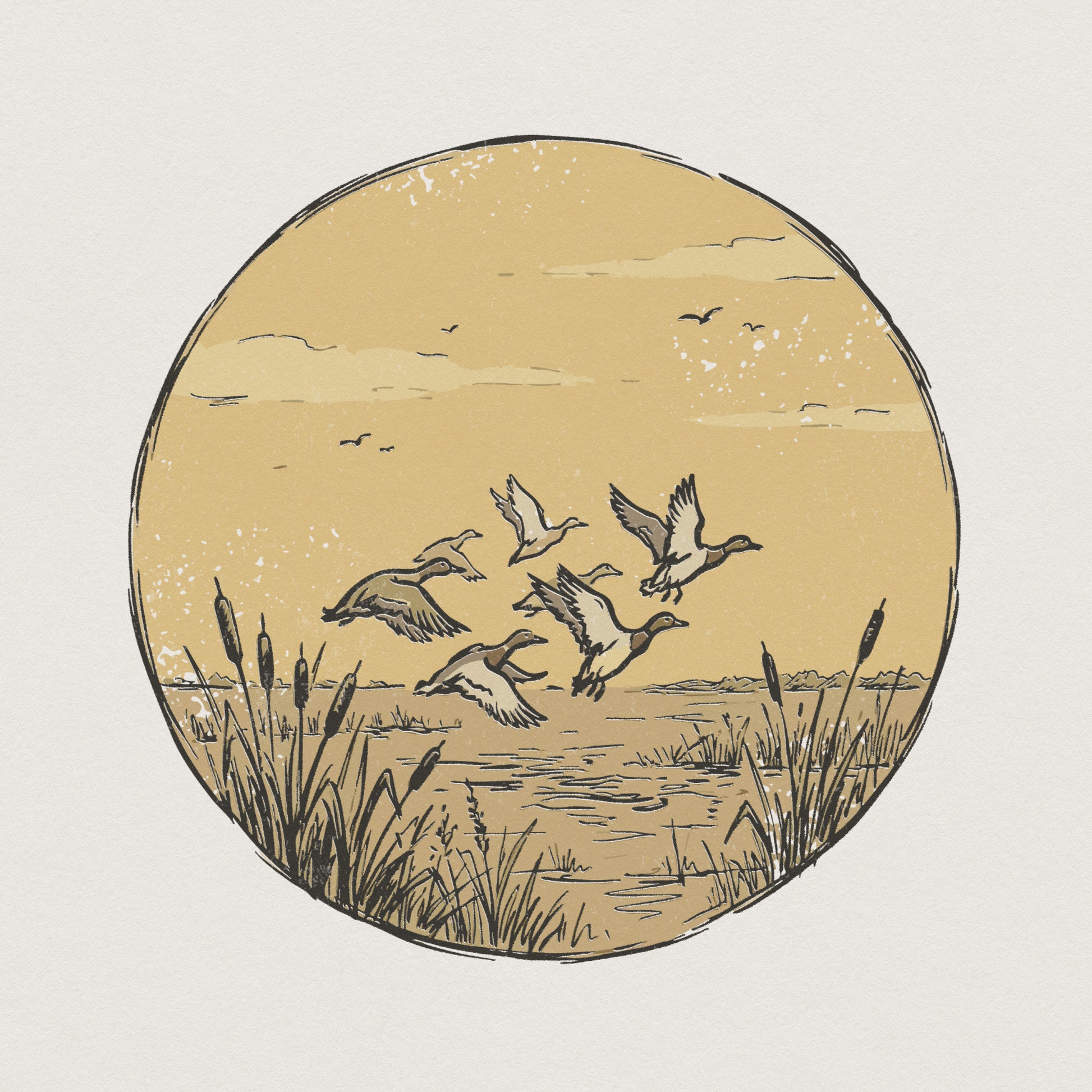 Vintage style circular illustration of a flock of ducks in flight over a marshy wetland with cattails, perfect for rustic apparel or wall art.