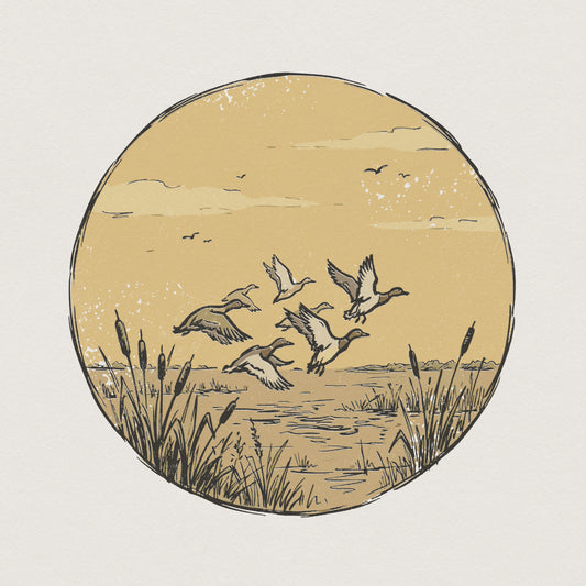 Vintage style circular illustration of a flock of ducks in flight over a marshy wetland with cattails, perfect for rustic apparel or wall art.