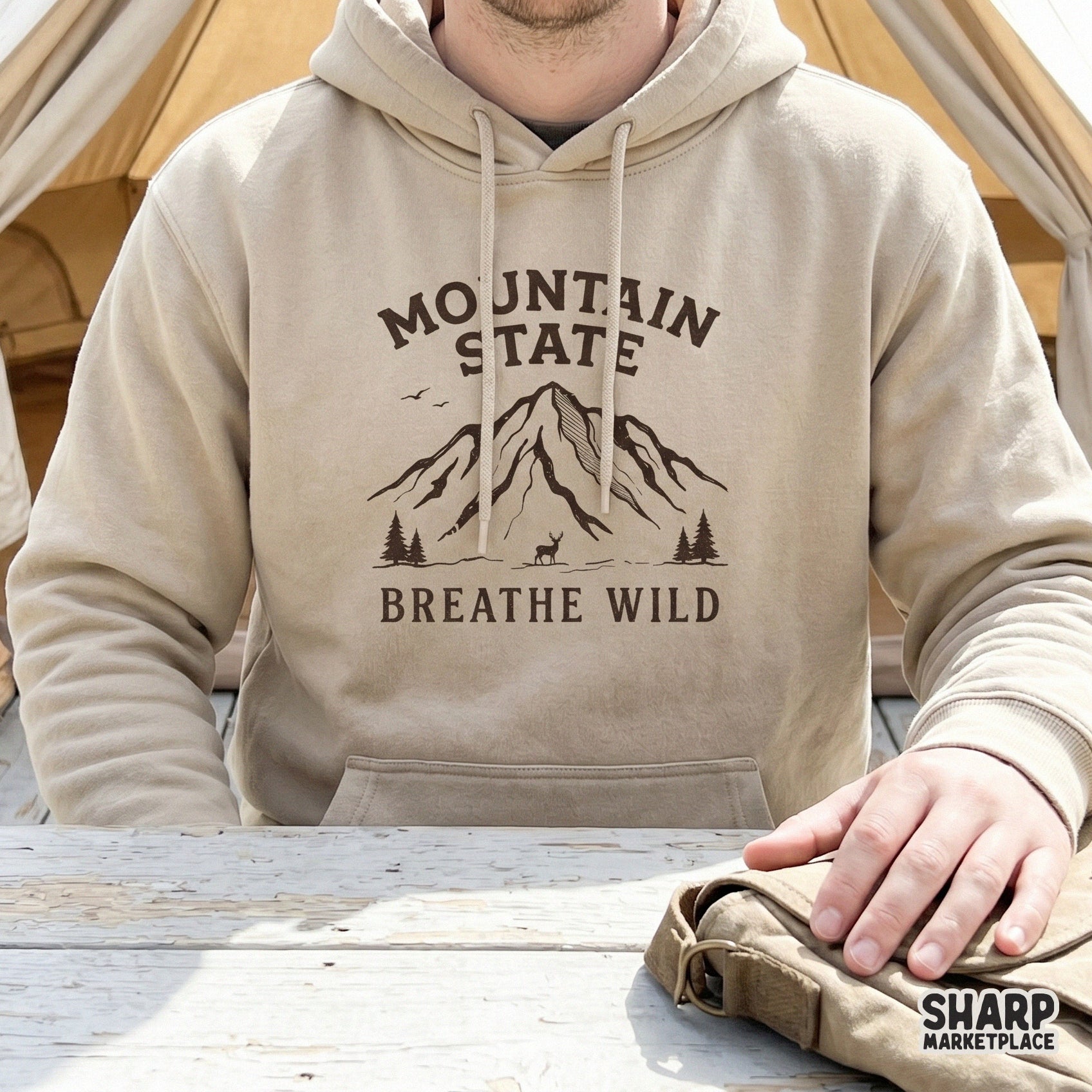 Outdoor-inspired mountain state graphic with pine trees and a deer, designed for high-quality printing on tumblers, shirts, and home decor.