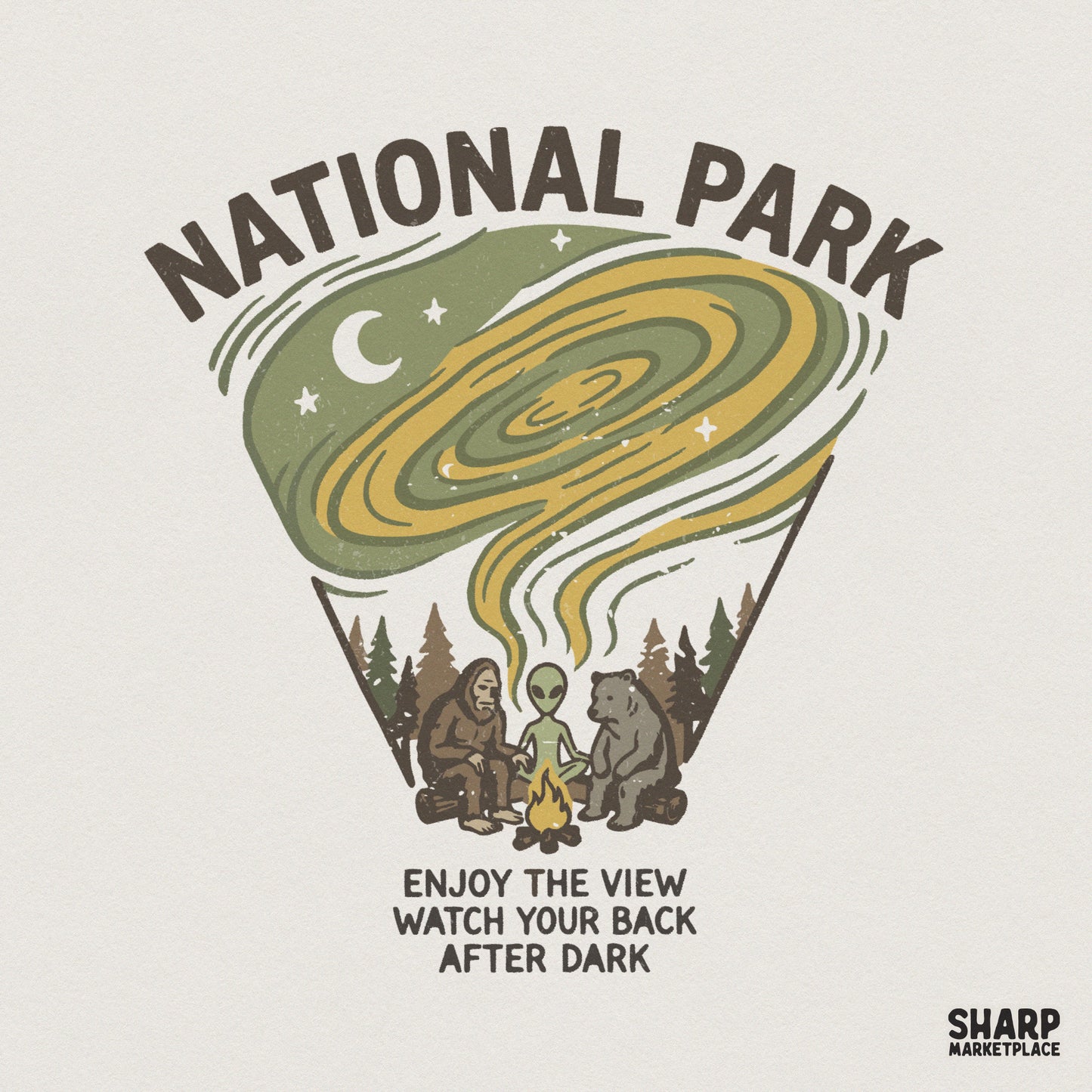 Vintage style camping graphic featuring a forest creature, bear, and alien around a campfire under a swirling sky with the text Enjoy The View Watch Your Back
