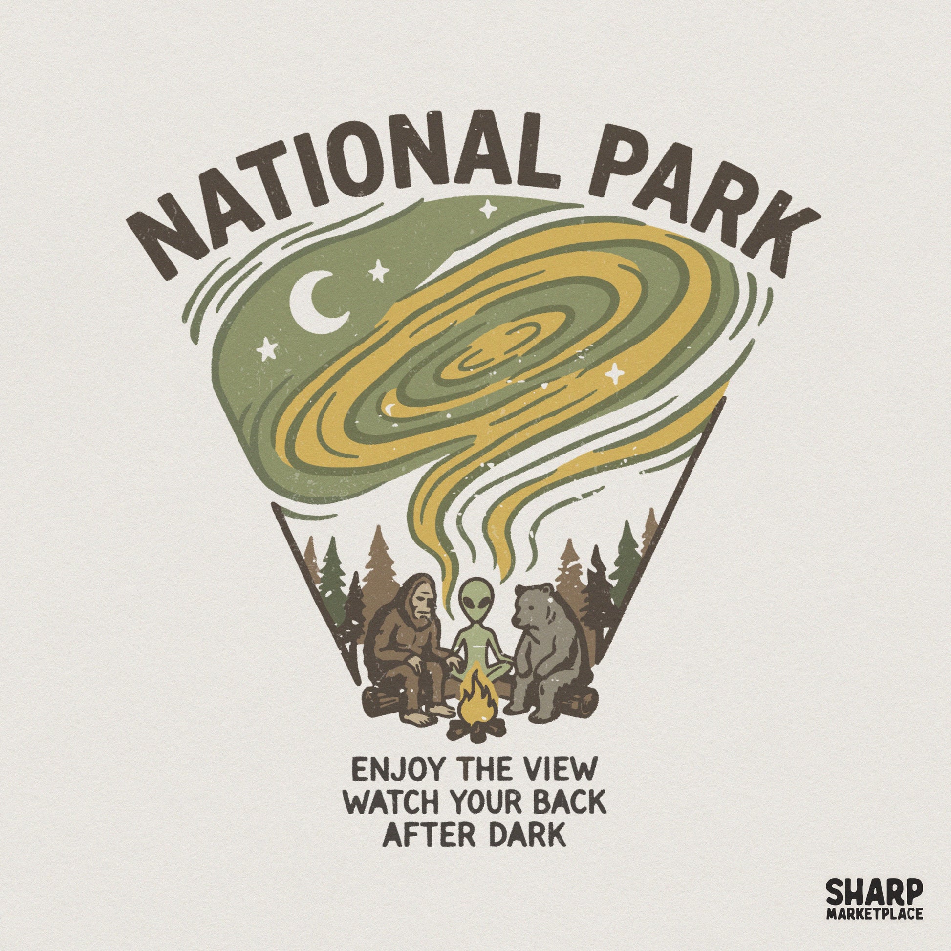 Vintage style camping graphic featuring a forest creature, bear, and alien around a campfire under a swirling sky with the text Enjoy The View Watch Your Back