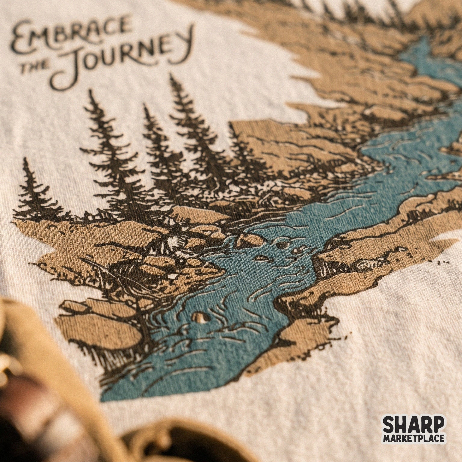 Vintage mountain river landscape design with pine trees for retro camping and hiking adventure sublimation shirts