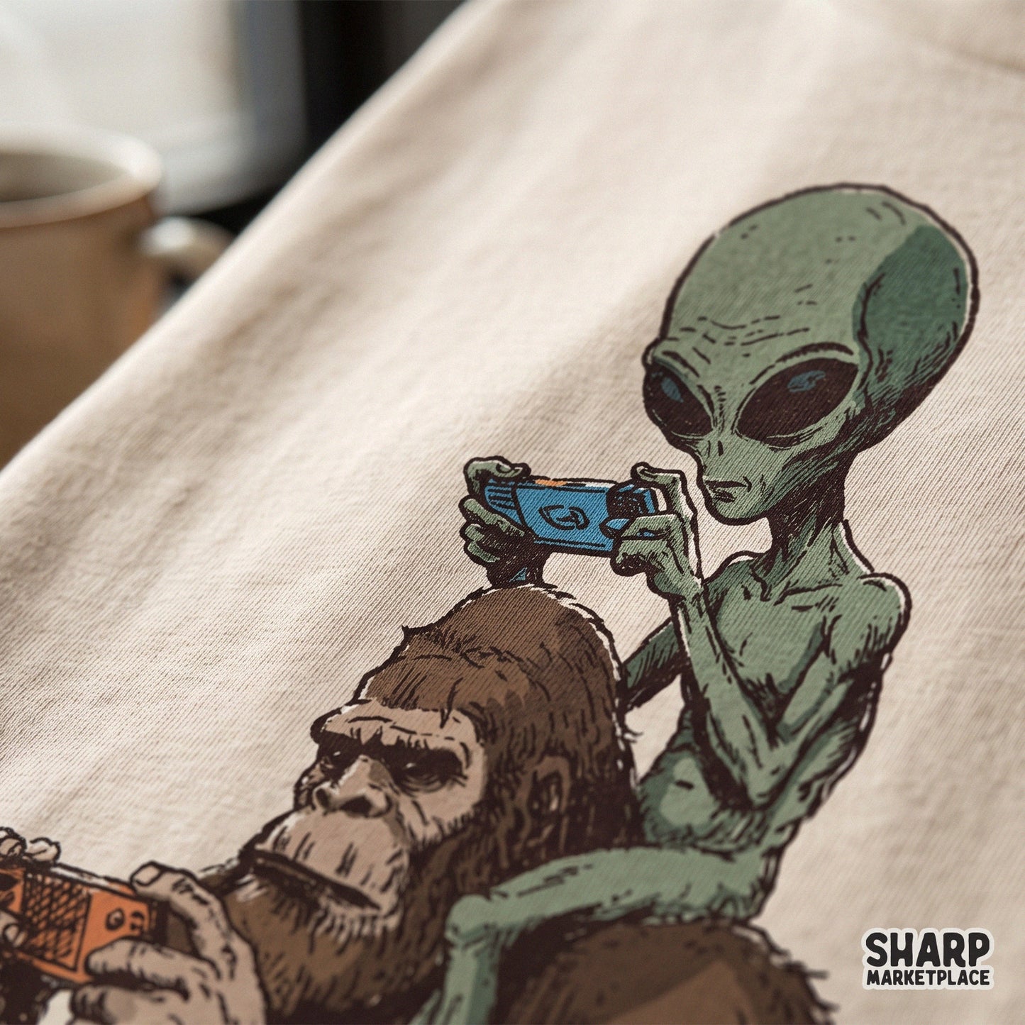 Retro vintage walking Bigfoot carrying an alien gamer sketch for funny PNG animal memes and custom t-shirt sublimation