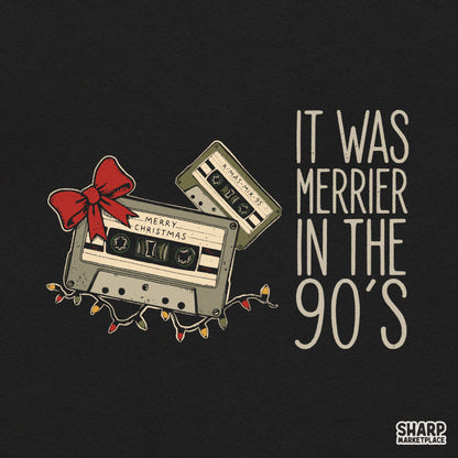 Vintage cassette tape sublimation design with It Was Merrier In The 90s text for retro christmas apparel and t-shirts