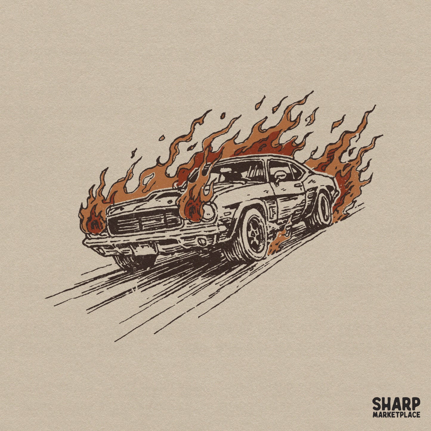 Hand-drawn vintage muscle car engulfed in stylized orange and brown flames with dynamic speed lines and a distressed retro texture.