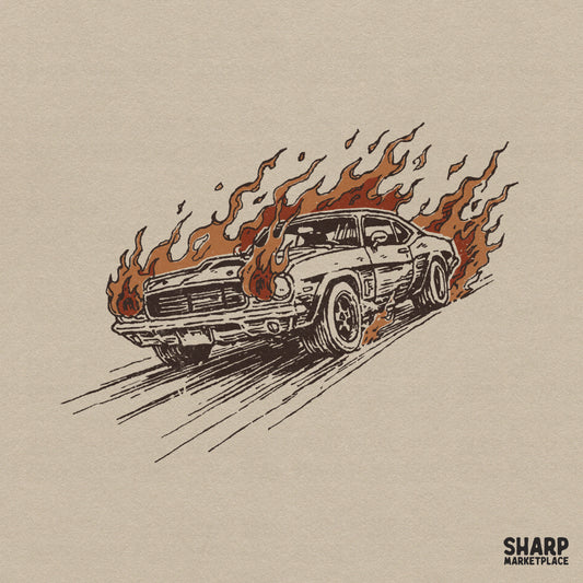 Hand-drawn vintage muscle car engulfed in stylized orange and brown flames with dynamic speed lines and a distressed retro texture.