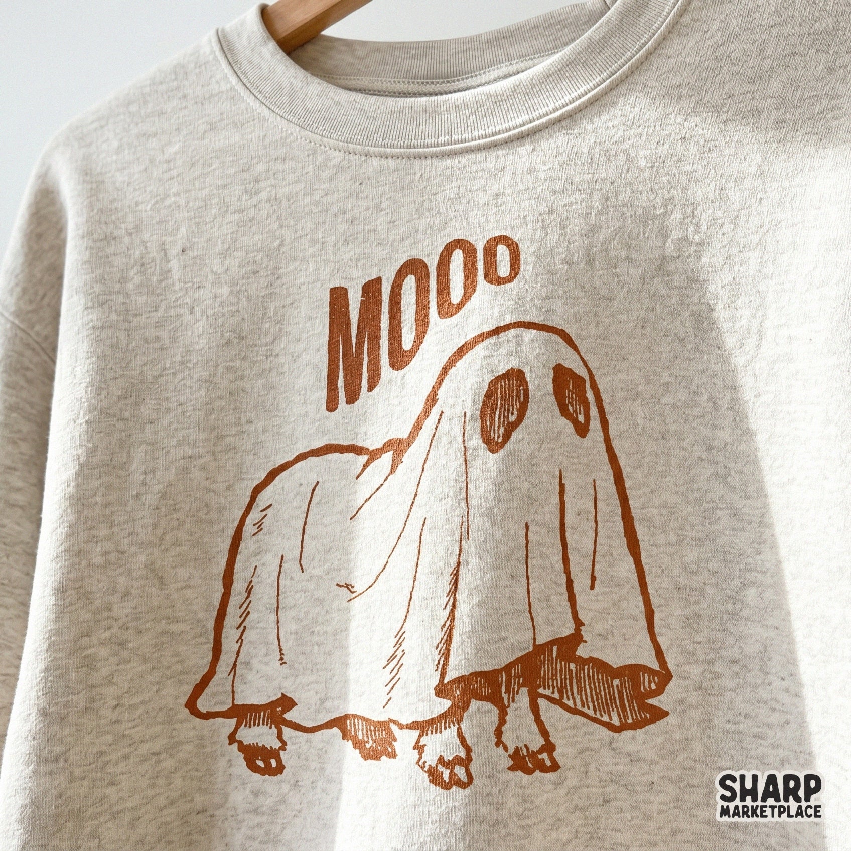 Retro Halloween ghost cow graphic design for country spooky season shirts and sublimation PNG projects