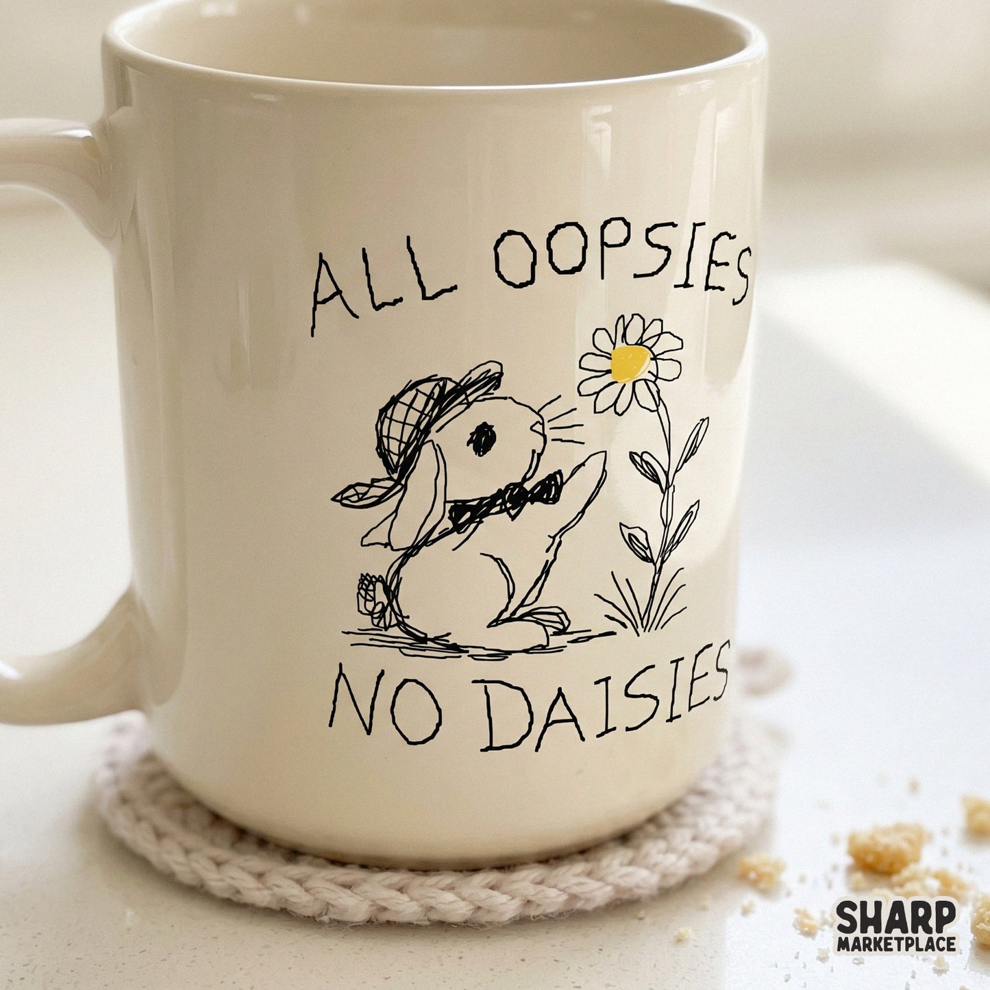 Funny cottagecore bunny illustration with a yellow flower and the text All Oopsies No Daisies, perfect for DIY gifts, tumblers, and graphic tees.