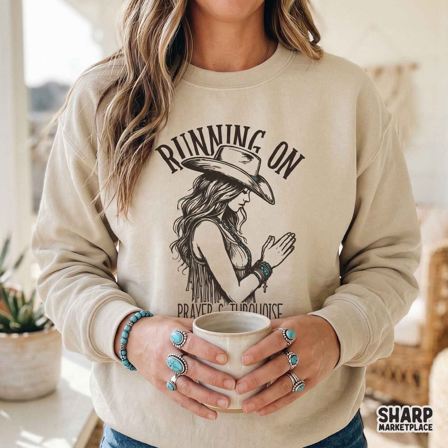 Detailed western cowgirl illustration with turquoise jewelry and cross charm, designed for sublimation printing on apparel, tumblers, or stickers.