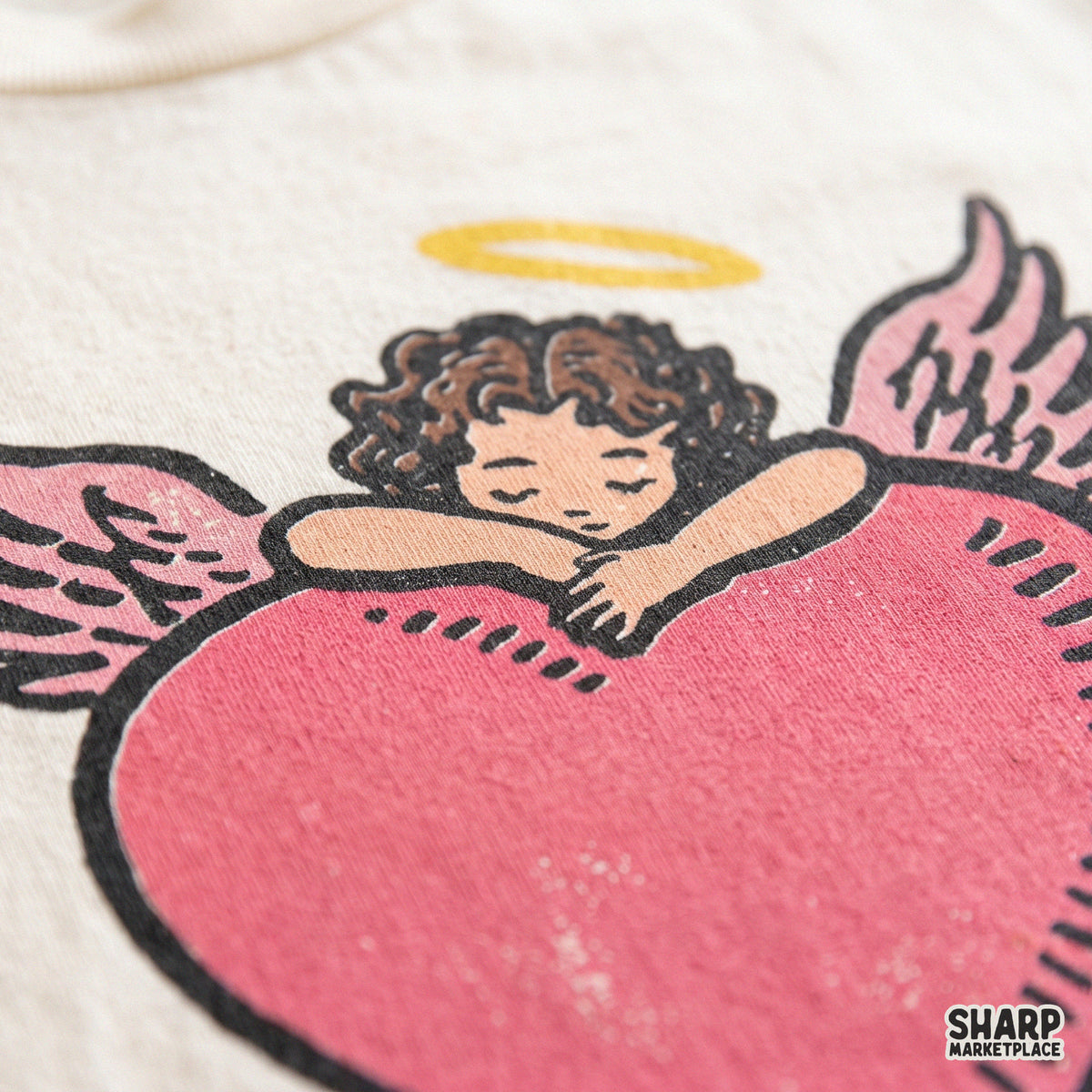 Vintage cherub angel hugging a red heart in cute retro cupid aesthetic for Valentine shirt sublimation PNG