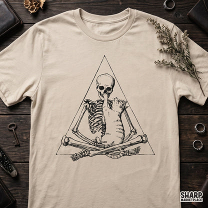 Meditating Skeleton With Cute Cat In Triangle Graphic Tee