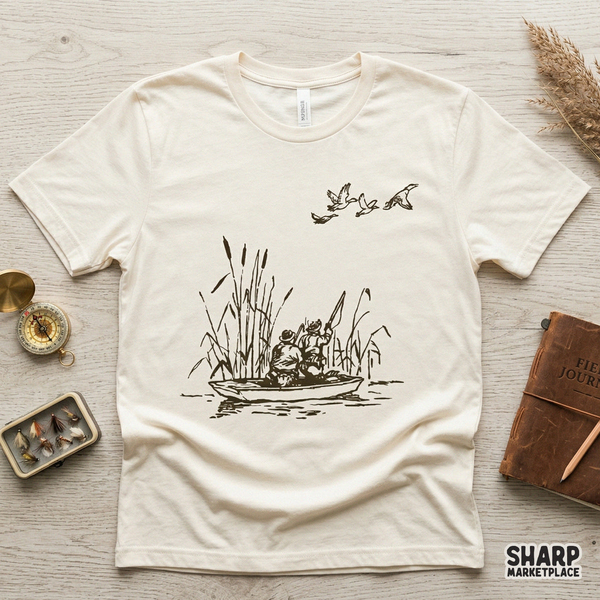 Detailed sketch of a waterfowl hunting scene in a reed marsh, perfect for sublimation, DTF printing, or custom outdoor apparel and gift projects.