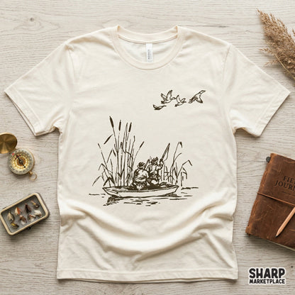 Detailed sketch of a waterfowl hunting scene in a reed marsh, perfect for sublimation, DTF printing, or custom outdoor apparel and gift projects.