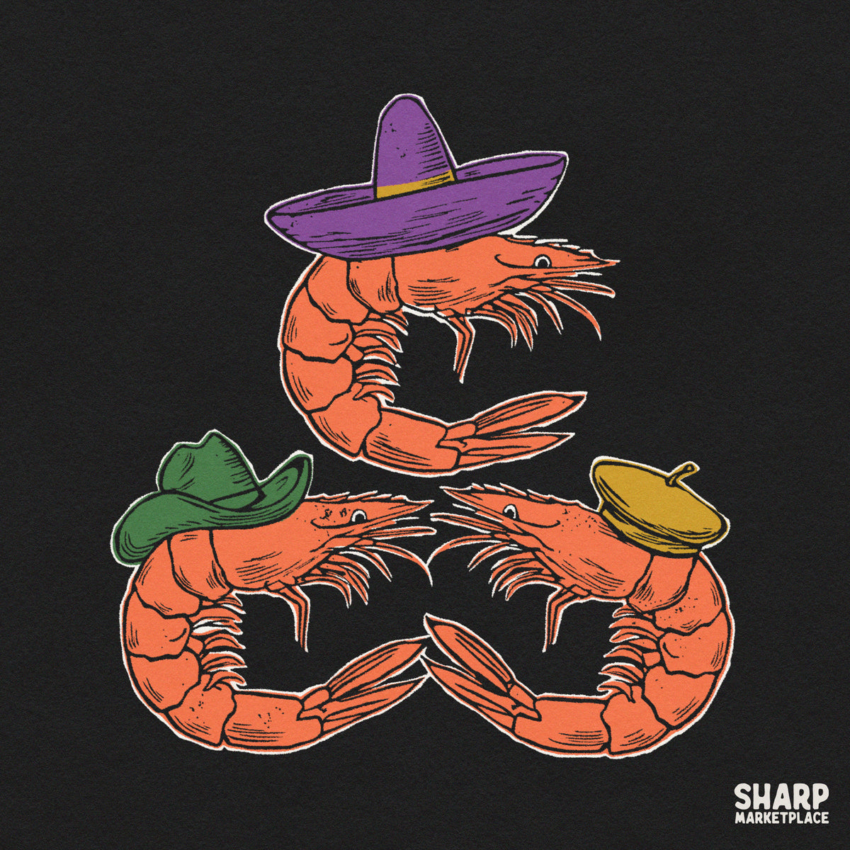 Three Funny Shrimps Wearing Silly Hats Graphic Tee, Quirky