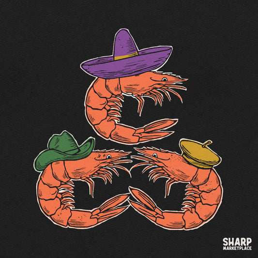 Three Funny Shrimps Wearing Silly Hats Graphic Tee, Quirky