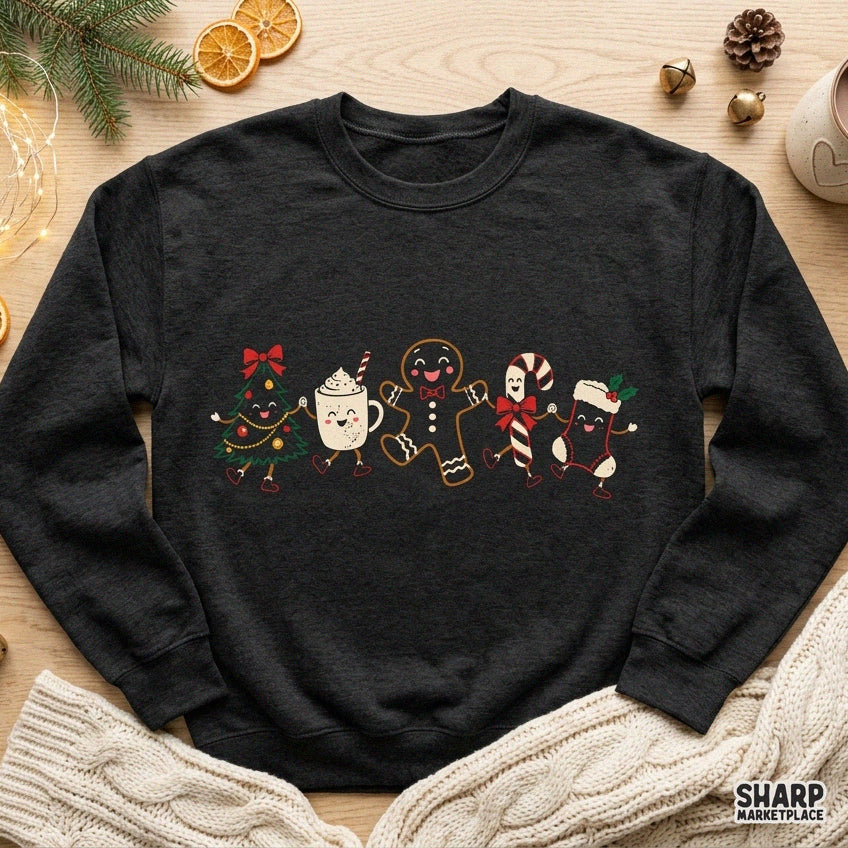 Cute retro Christmas characters holding hands digital PNG for festive holiday shirts, sublimation, and crafts