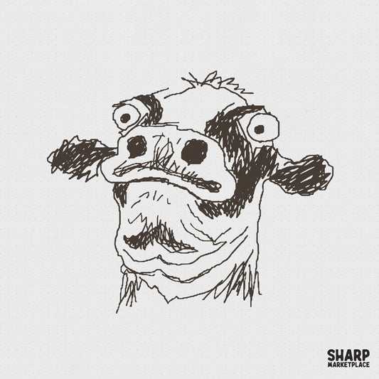 Hand-drawn black ink sketch of a scruffy dog with wide, wild eyes and a chaotic scribbled style, isolated on a neutral dotted background.