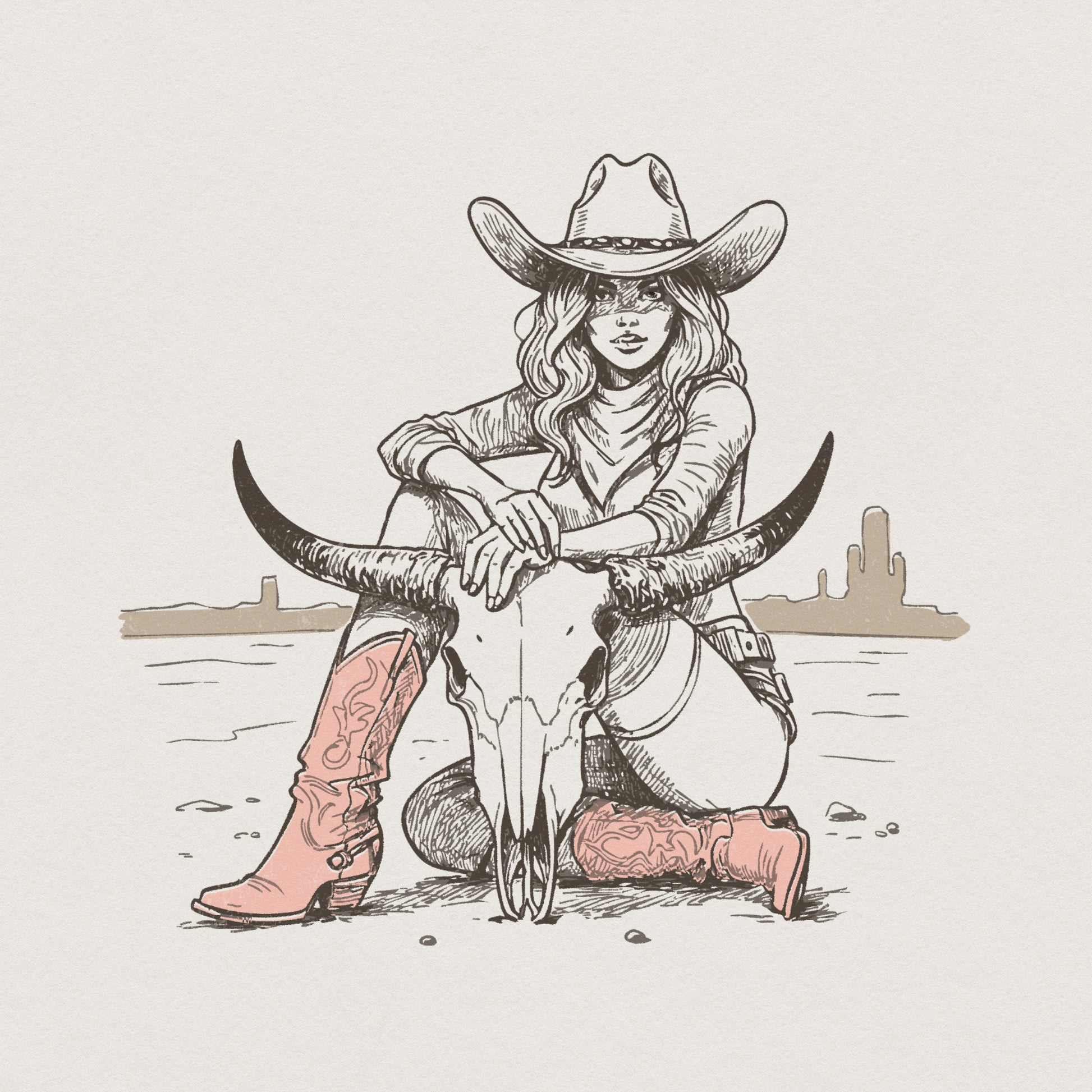 Cowgirl And Longhorn Skull PNG, Western Desert Art - 300 DPI Design for