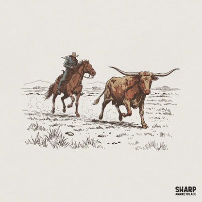 Vintage western illustration of a cowboy on horseback chasing a longhorn steer, rendered in a detailed, hand-drawn sketch style with muted colors.