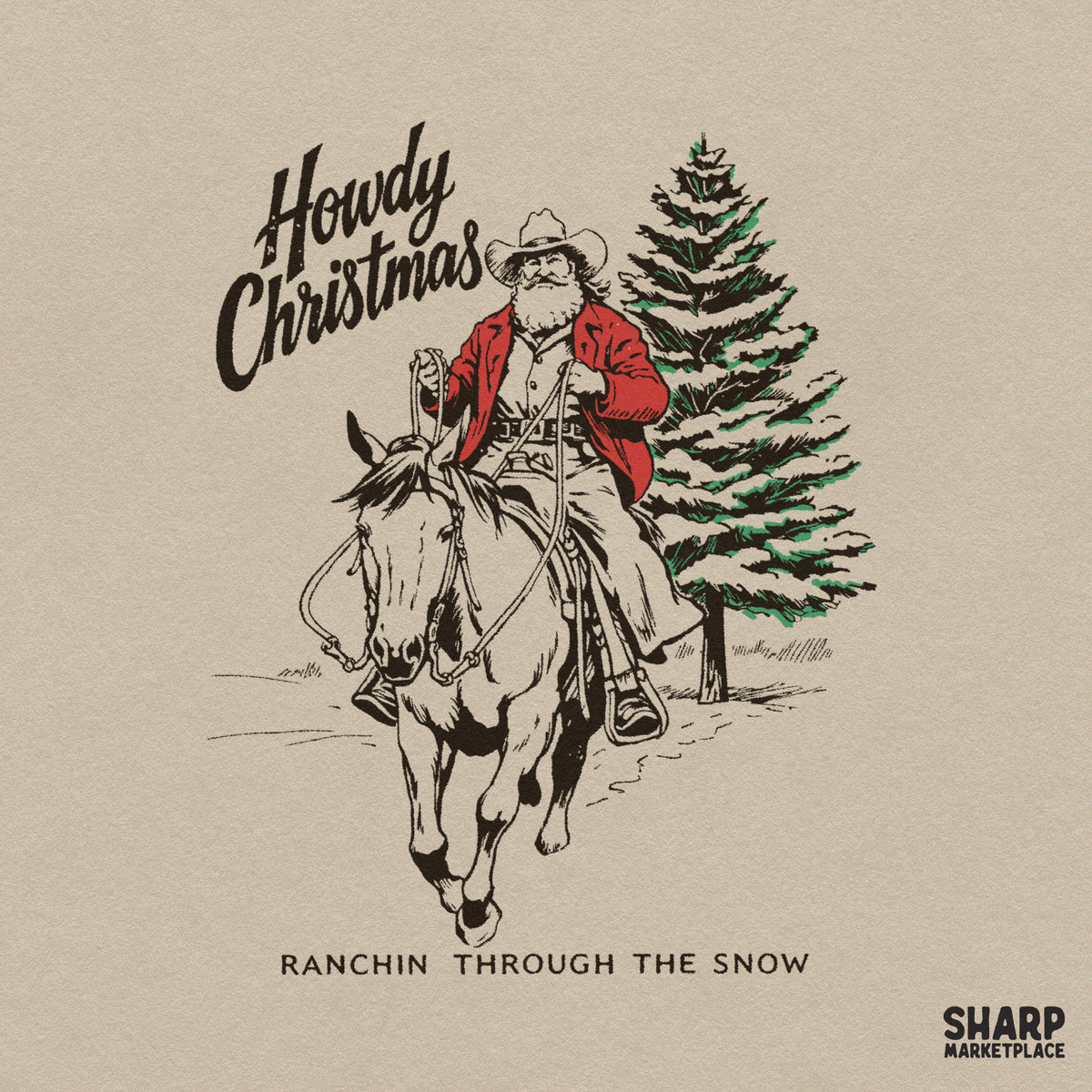 Vintage western Santa riding a horse through the snow graphic PNG for Christmas t-shirts and apparel