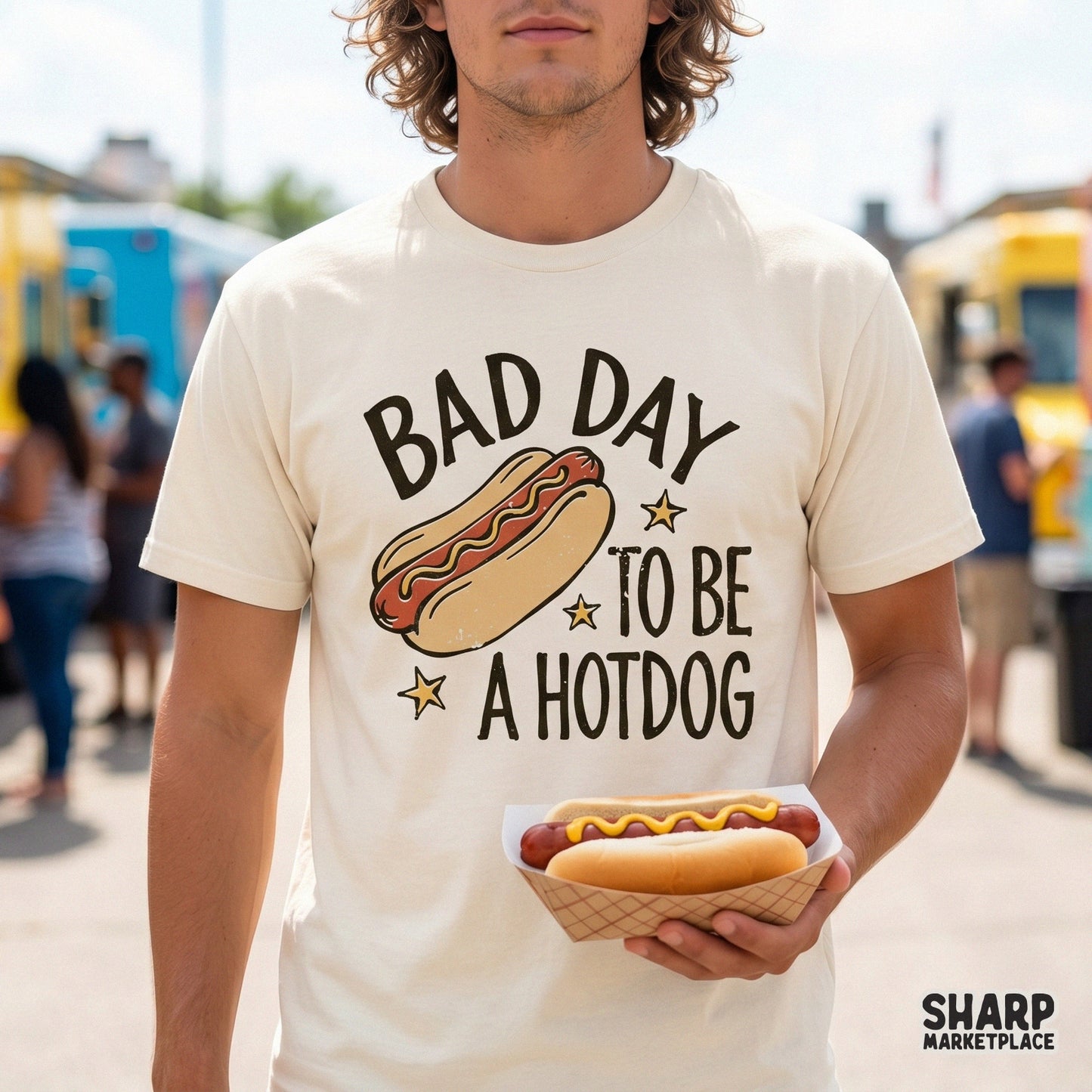 Funny food-themed digital print featuring a classic frankfurter and bold serif typography, perfect for custom BBQ shirts and summer stickers.