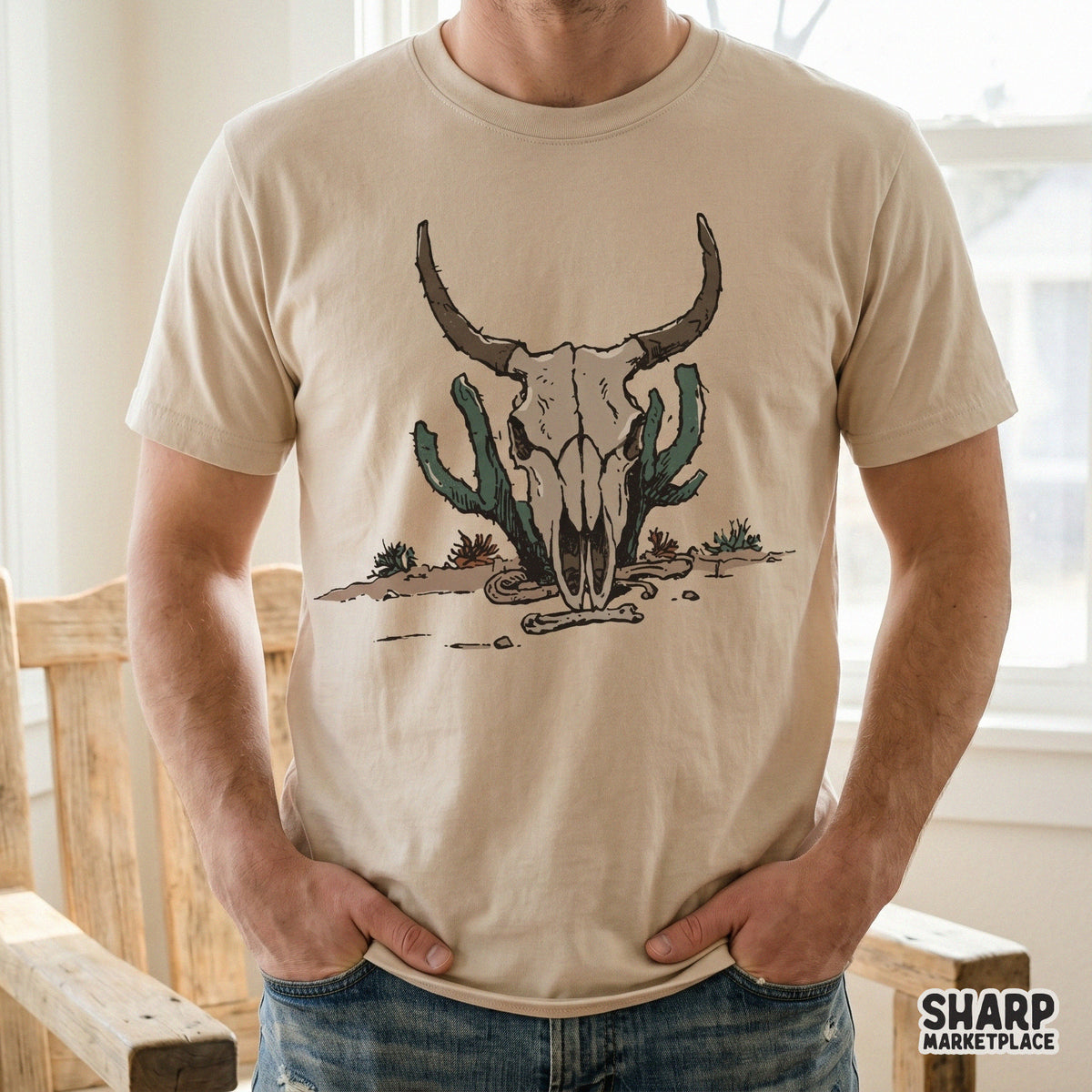 Southwest desert longhorn skull PNG with saguaro cactus arms, designed for high-quality sublimation transfers on shirts, bags, and accessories.