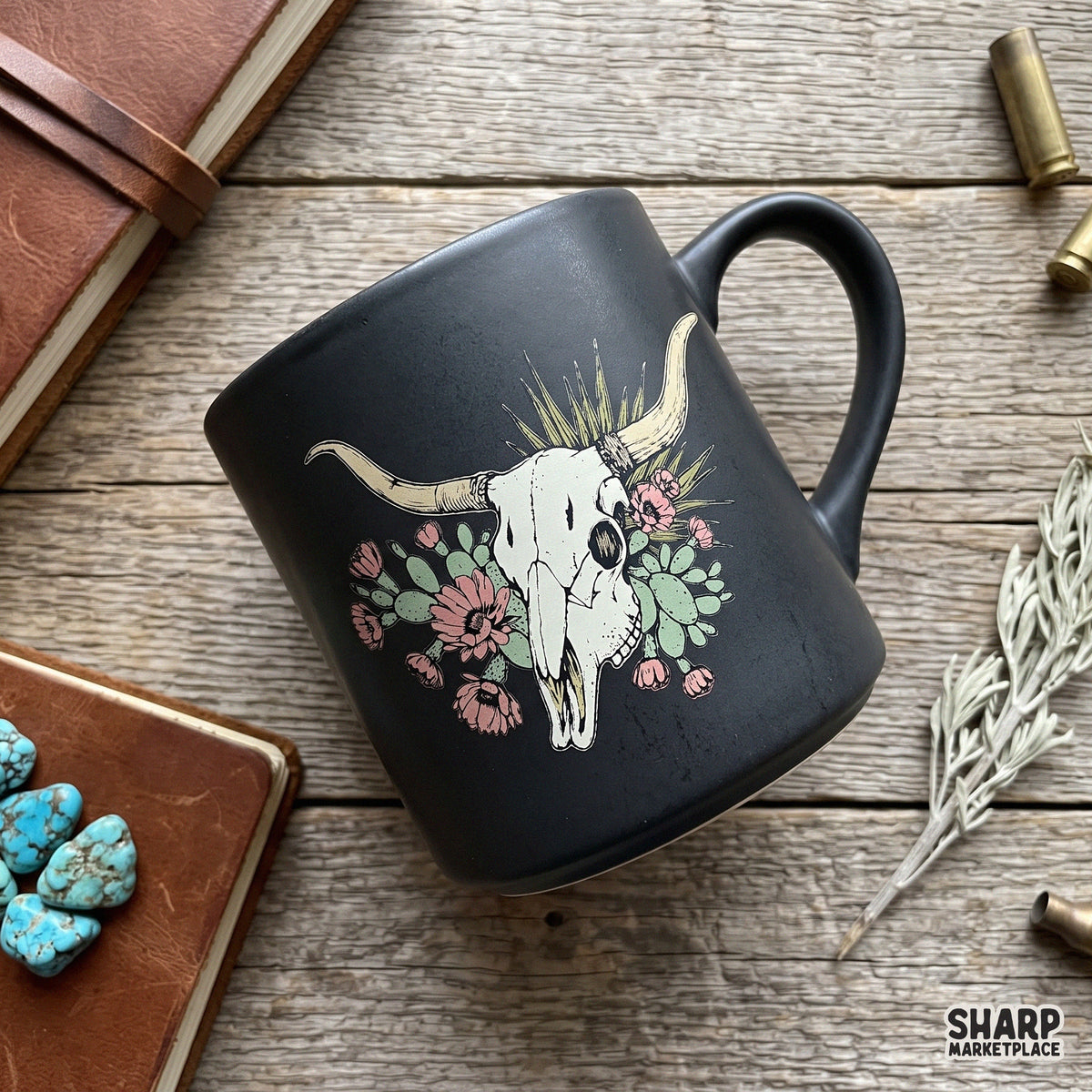 Boho floral cow skull with cactus illustration for vintage western t-shirt designs and desert cowgirl png art
