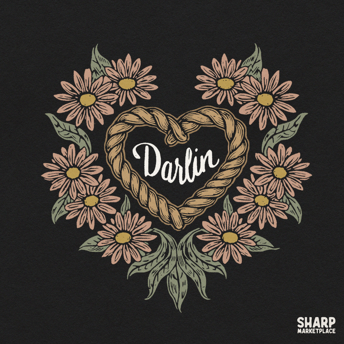 Retro Western darlin graphic featuring a rope heart framed with pink daisies for cowgirl apparel PNG design