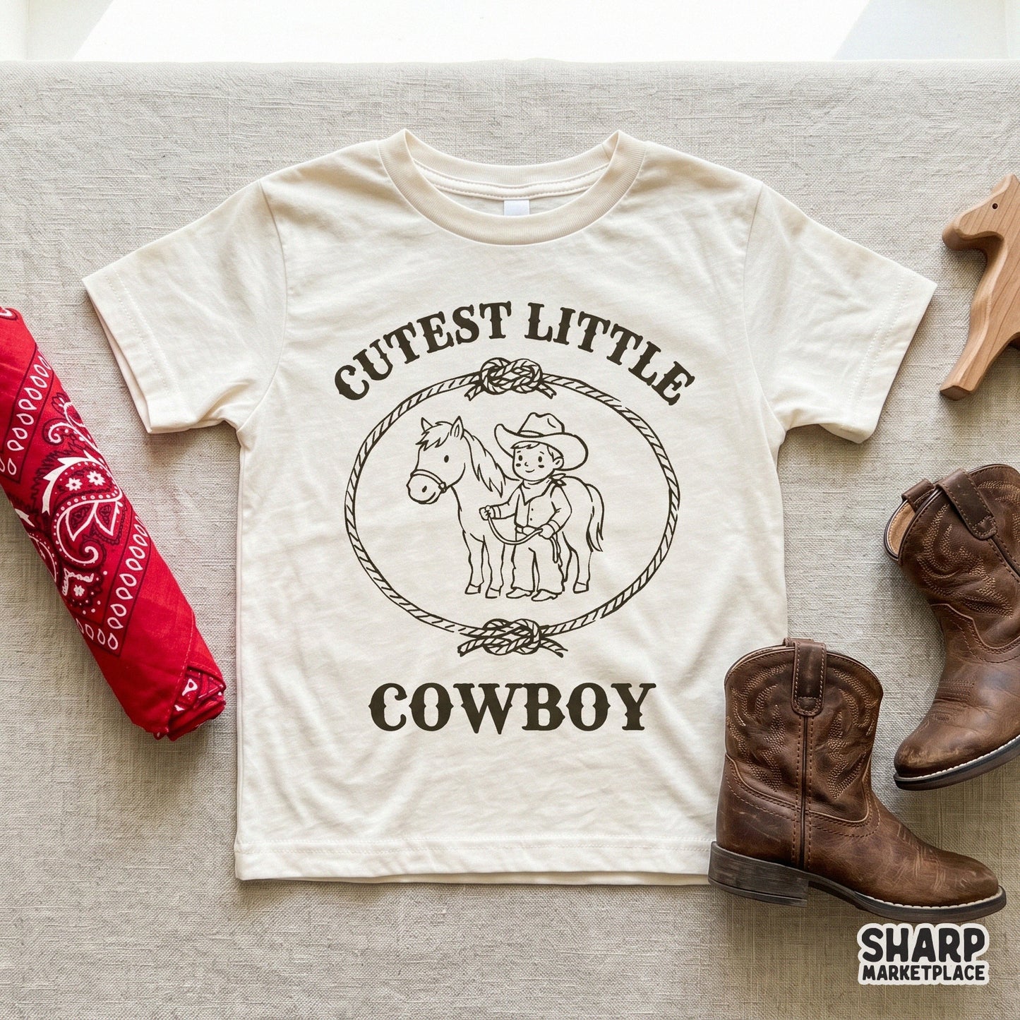 Monochrome line art illustration of a western ranch kid with a horse, designed for custom sublimation transfers, stickers, or rustic wall decor.