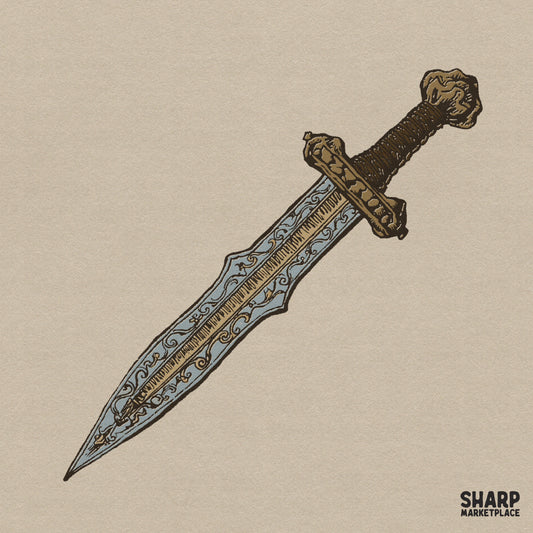 Ornate gothic gold dagger and medieval sword illustration with dark academia aesthetic for sublimation t-shirt prints
