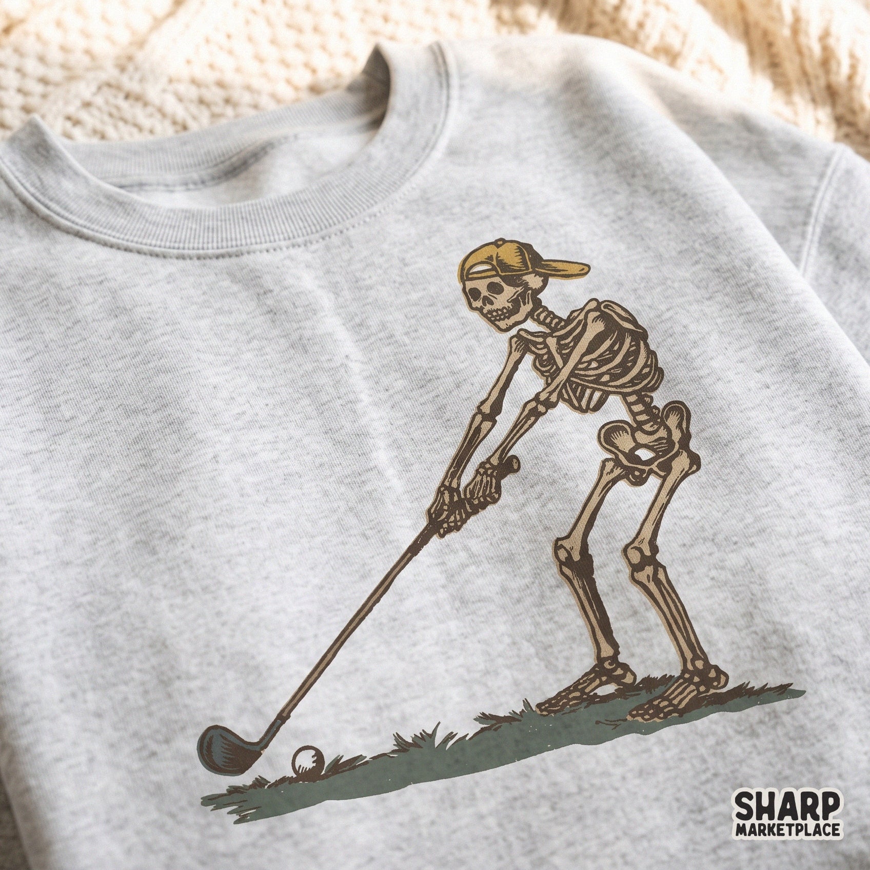 Skeleton playing golf retro sublimation design for spooky summer sports and Father's Day gifts on shirts or posters