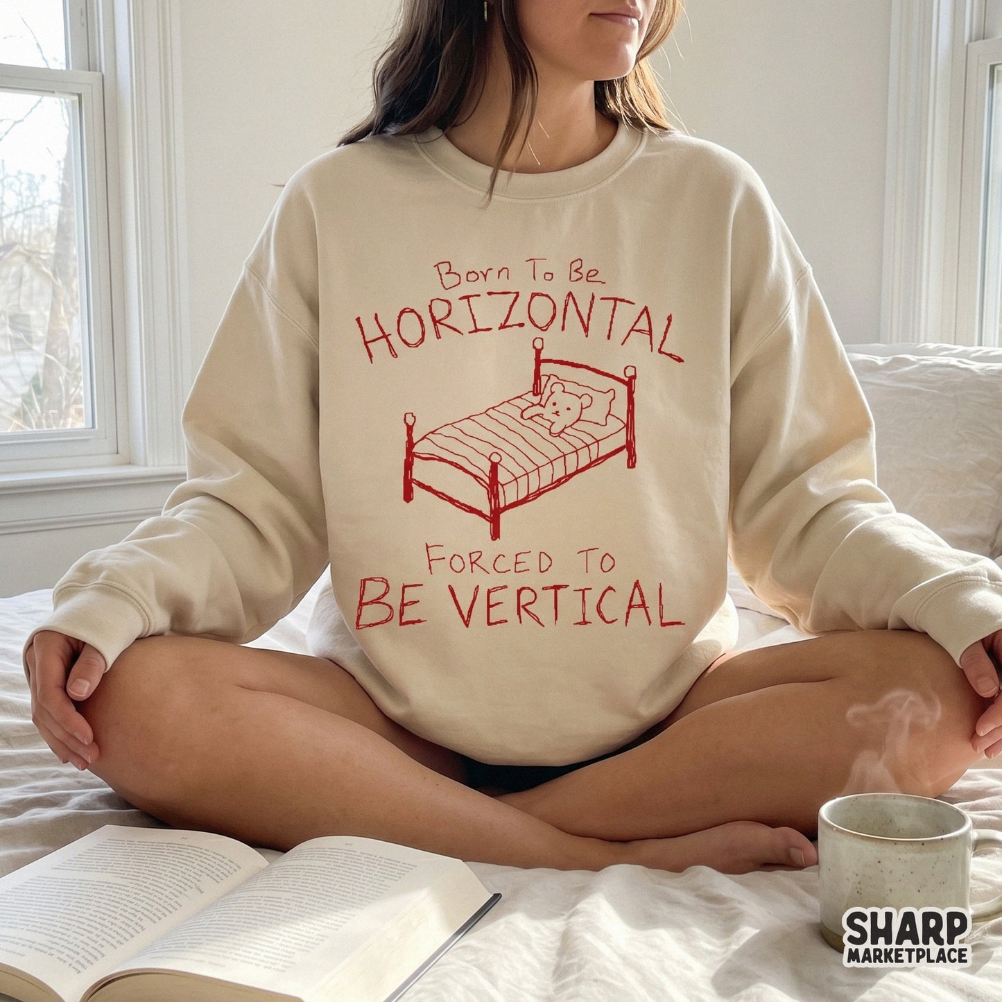Digital design featuring a whimsical red sketch of a bed and teddy bear with playful typography, perfect for DIY nap-themed shirts, stickers, or wall art.