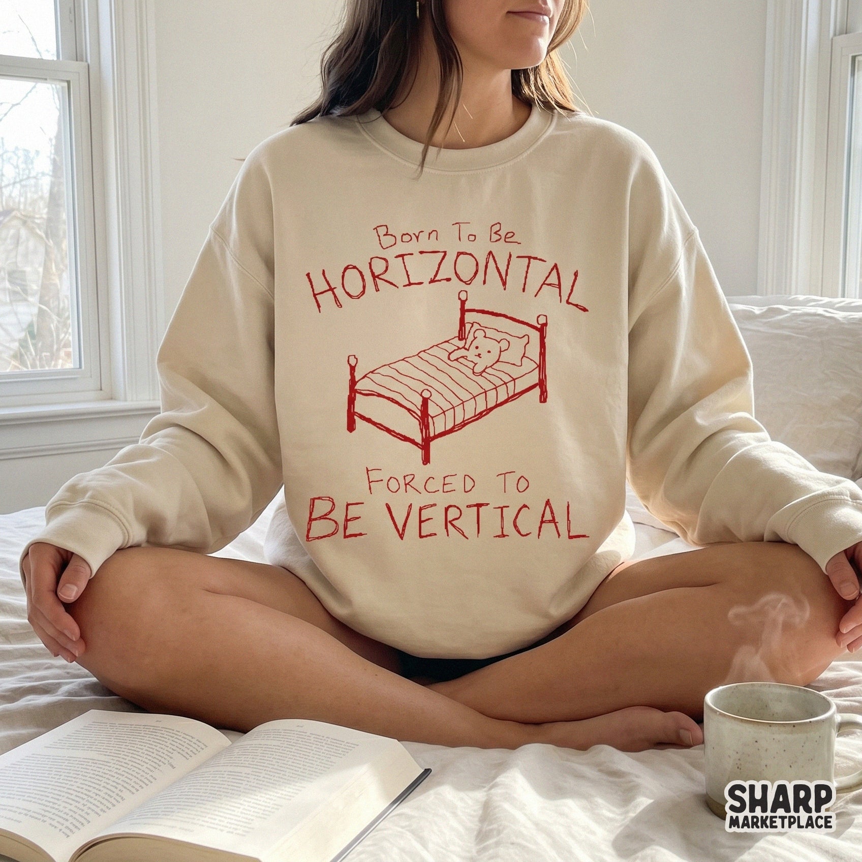 Digital design featuring a whimsical red sketch of a bed and teddy bear with playful typography, perfect for DIY nap-themed shirts, stickers, or wall art.