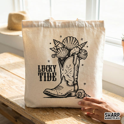 Vintage style Lucky Tide coastal cowgirl artwork featuring a boot and shell arrangement, perfect for high-quality sublimation or wall art.