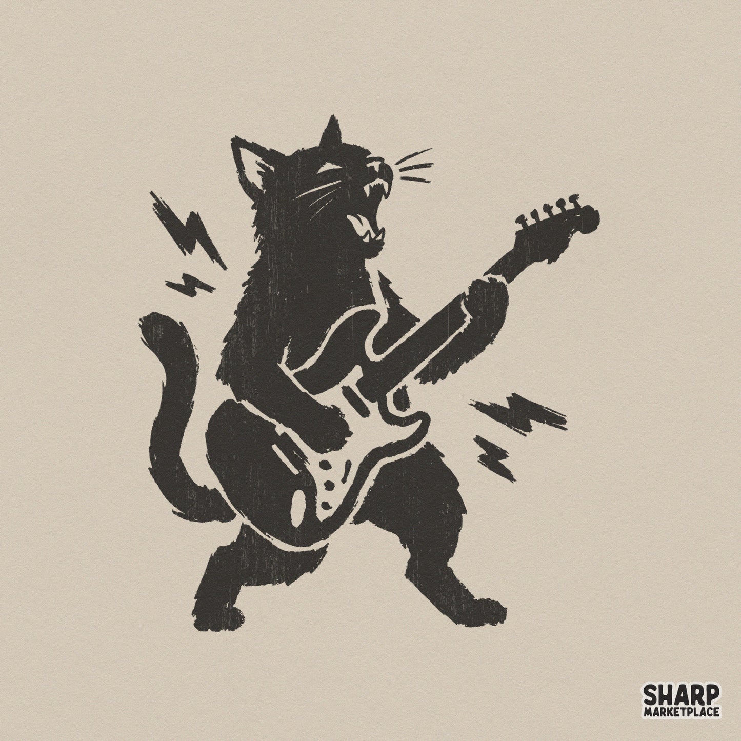 Distressed black cat silhouette playing an electric guitar with lightning bolts, perfect for rock-themed sublimation and apparel projects.
